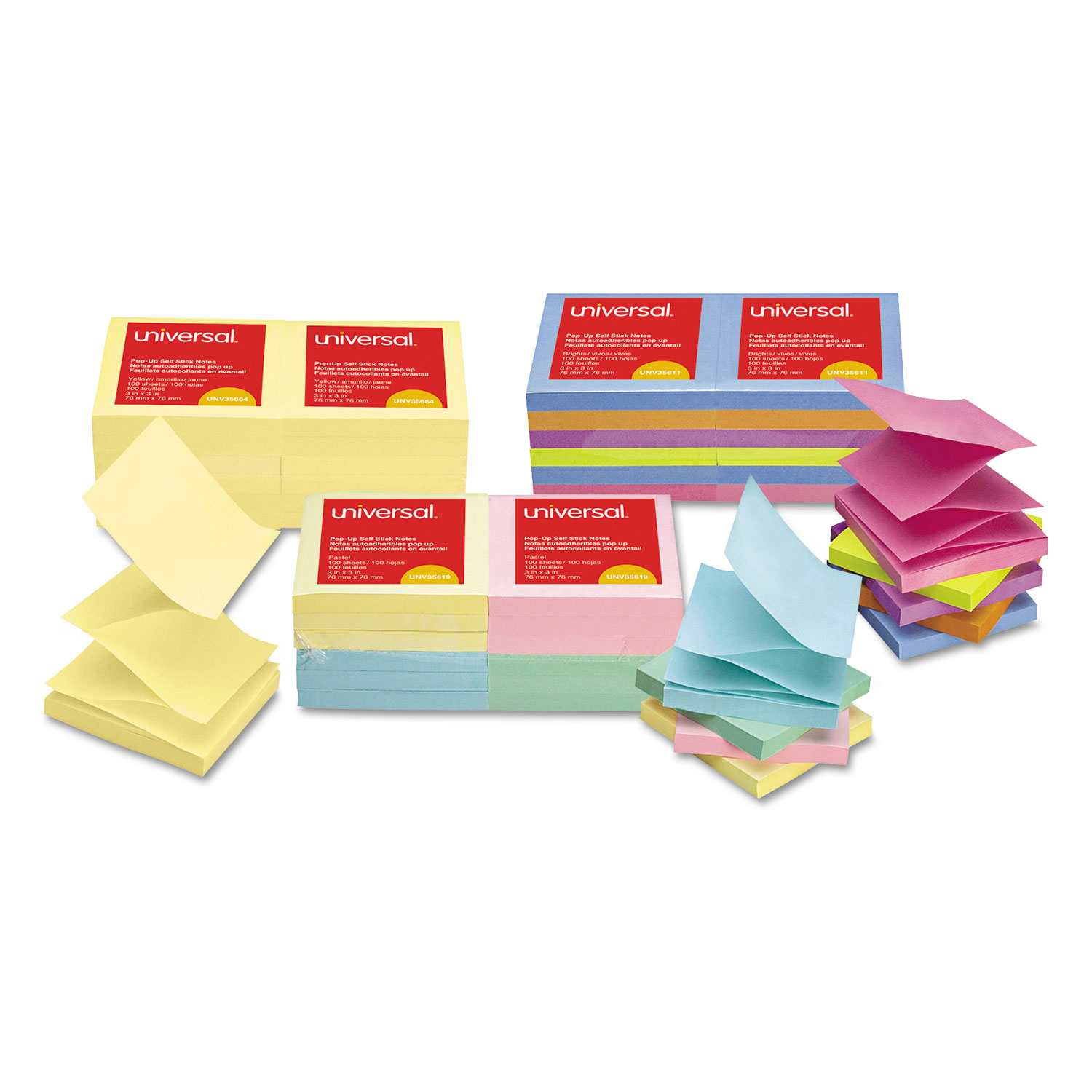 Universal UNV35611 Fan-Folded Self-Stick Pop-Up Note Pads, 3 x 3, Assorted Bright, 100-Sheet, 12/PK