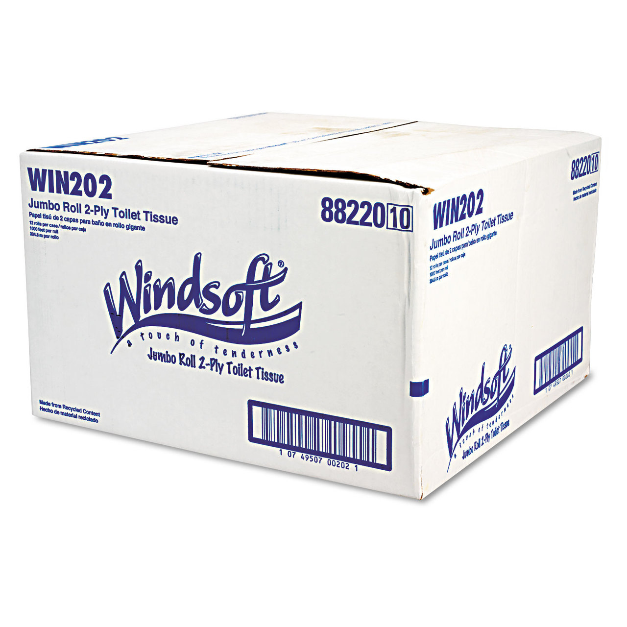 Windsoft WIN202 White Jumbo Roll Bath Tissue, 9" dia, 1000ft, 12 Rolls/Carton