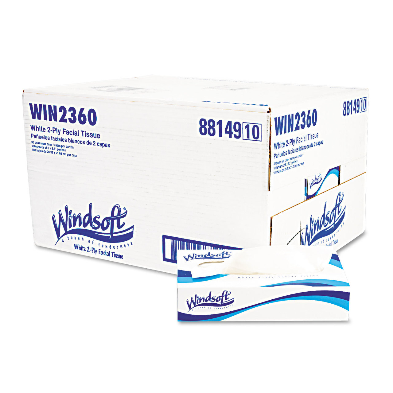 Windsoft WIN2360 Facial Tissue in Pop-Up Box, 100/Box, 30 Boxes/Carton
