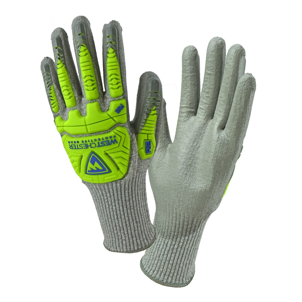 PIP Global Safety 710HGUBHVG/2XS XXSmall Gray PU Palm Coated Speckle Gray HPPE Gloves With Gray BOH & HI VIS GREEN FINGER TPR Protection