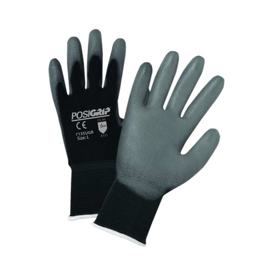 West Chester Protective Gear 713SUGB/XS XSmall Gray PU Palm Coated Black Nylon Gloves
