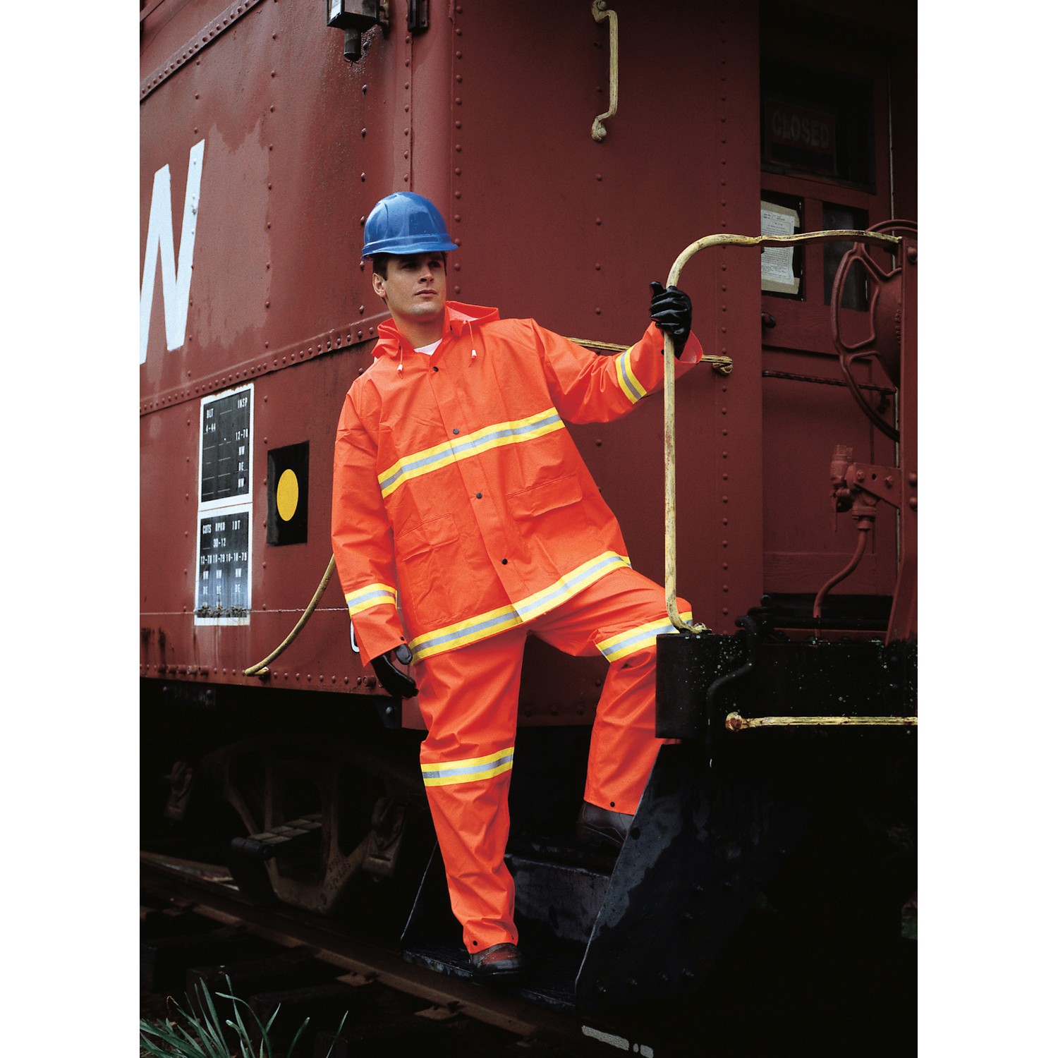 MCR Safety 2013RS Luminator, .35mm PVC/Polyester 3pc suit, Det hood, snap front, fluorescent orange w/lime silver stripes