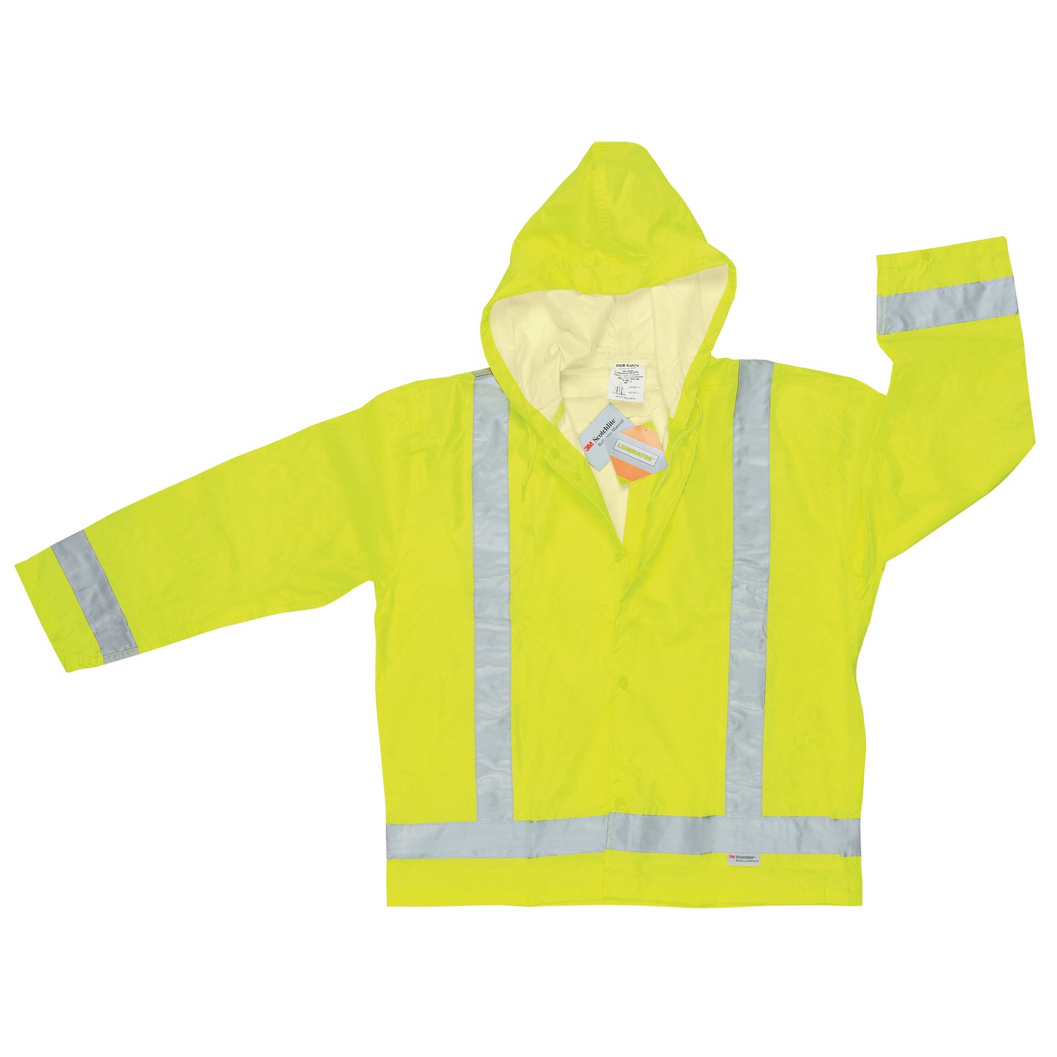 MCR Safety 500RJHS Luminator, .16mm Polyester/PU Class 3 jacket with attached hood and silver reflective stripes.