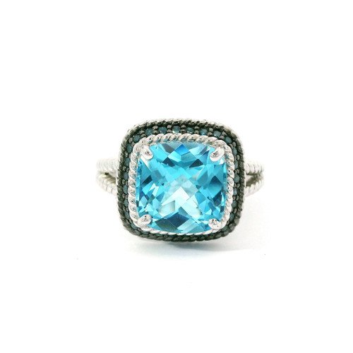 Silver Cocktail Ring with Cushion-Cut Blue Topaz and Blue Diamonds RPG-10330