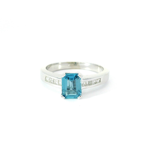 Emerald-Cut Blue Topaz and Diamond White Gold Ring RSM-11302