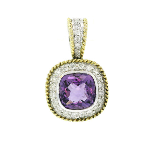 Yellow and White Gold Pendant with Cushion-Cut Amethyst and Diamond Halo MBR-10136