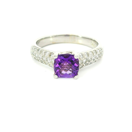 White Gold Diamond Ring with Cushion-Cut Amethyst Gemstone RSM-10906