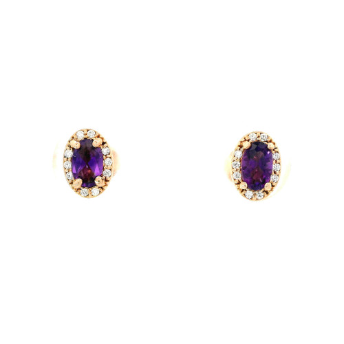 Rose Gold Diamond Stud Earrings with Oval Amethyst 235-10281