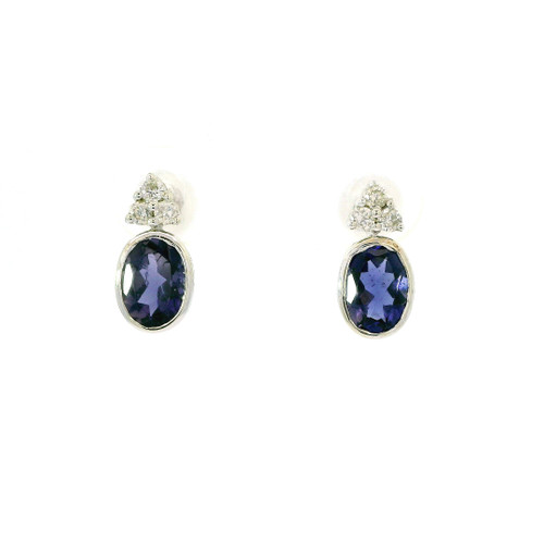 White Gold Diamond Drop Earrings with Oval Iolite Cabochons 235-10155