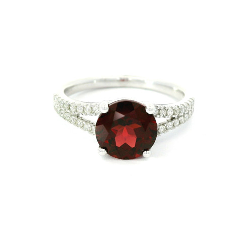 White Gold Diamond Solitaire Ring with Round Red Garnet LJI-10094
