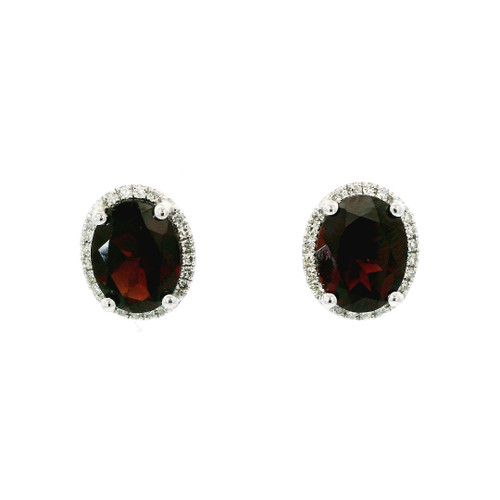 White Gold Diamond Stud Earrings with Oval Garnet Cabochons 235-10270