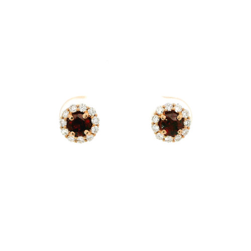 Rose Gold Diamond Halo Stud Earrings with Round Garnet Gemstones 235-10274