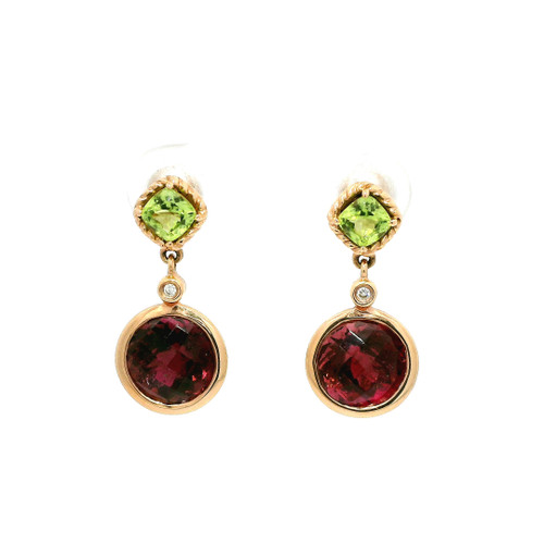 Rose Gold Dangle Earrings with Pink Tourmaline, Peridot, and Diamond Accents MBR-10190