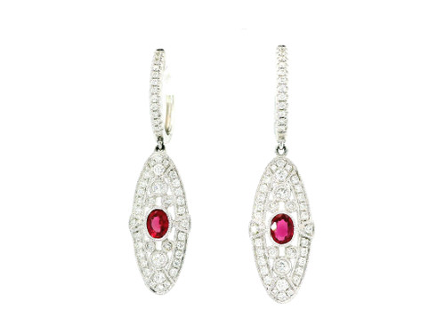 White Gold Dangle Earrings with Oval Rubies and Diamonds DC-10893