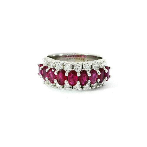 White Gold Ring with Round Diamonds & Oval Ruby Gemstones MEM-11082