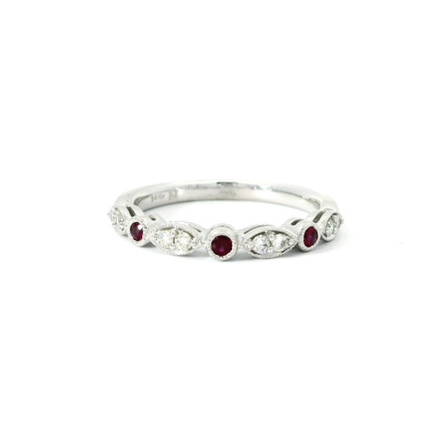 White Gold Ring with Round Cut Diamonds and Ruby Gemstones LJI-10076