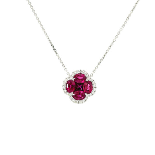 18k White Gold Diamond Necklace with Rubies and Diamonds Floral Pendant