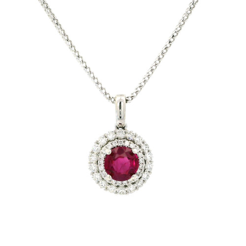 14k White Gold Pendant with Round Ruby and Double Diamond Halo 570-10425