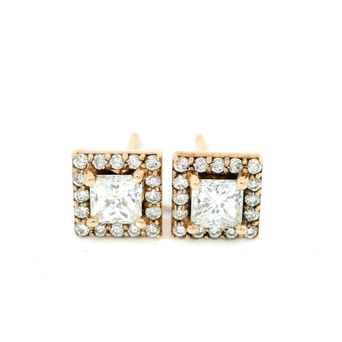 Princess Cut Diamond Halo Stud Earrings in Rose Gold 201-11078