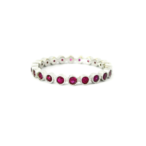 White Gold Eternity Ring with Round Cabochon Red Ruby Gemstones RBS-11441