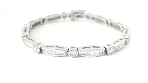 14k White Gold Diamond Tennis Bracelet with Baguette and Brilliant Cut Diamonds DTB-10716