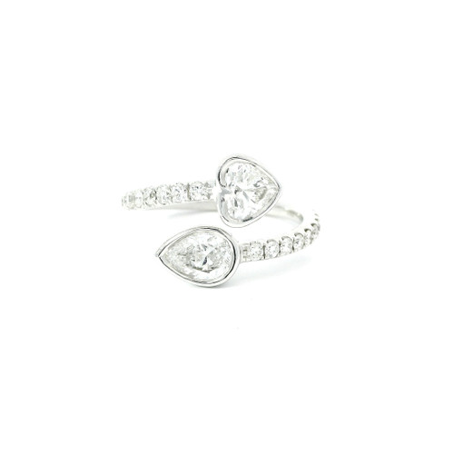 18k White Gold Diamond Bypass Ring with Heart and Pear Shaped Diamonds RGS-10067