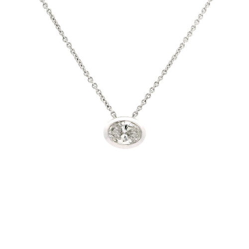 Oval Cut Diamond Bezel Pendant Necklace in 14k White Gold SIM-10490