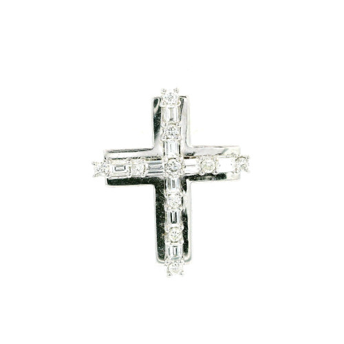 18k White Gold Round and Baguette Diamond Cross Pendant 560-11031