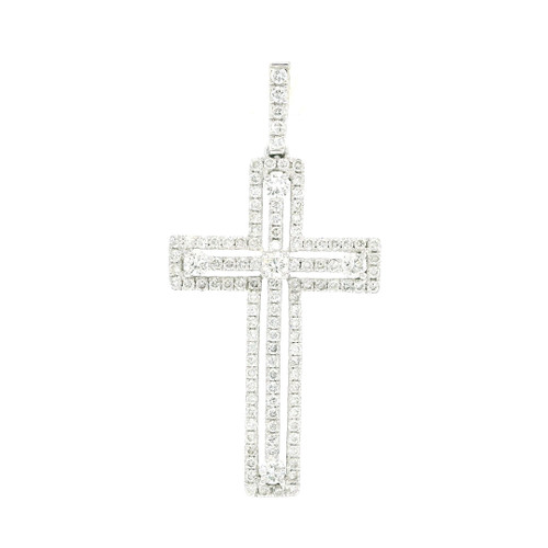 18k White Gold Cross Pendant with Round Cut Diamond Accents DC-10651
