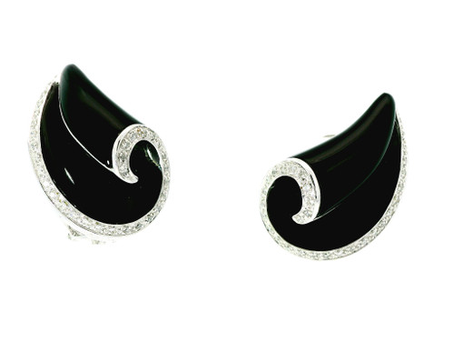 18K White Gold Onyx Earrings with Round Cut Diamonds TT-10475