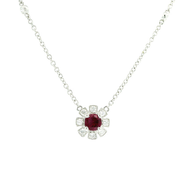 Elegant Ruby and Diamond Flower Pendant Necklace DC-10934