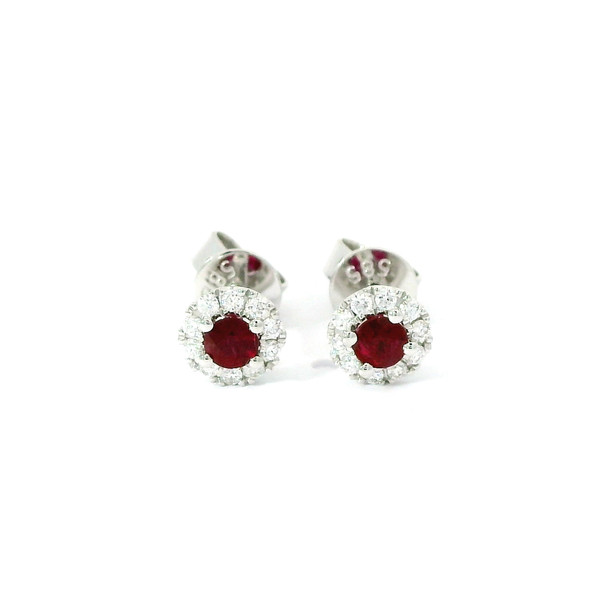 White Gold Stud Earrings with Round Cut Rubies and Diamonds GBC-13182