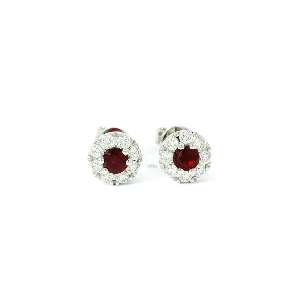 White Gold Stud Earrings with Round Rubies and Diamonds GBC-13216