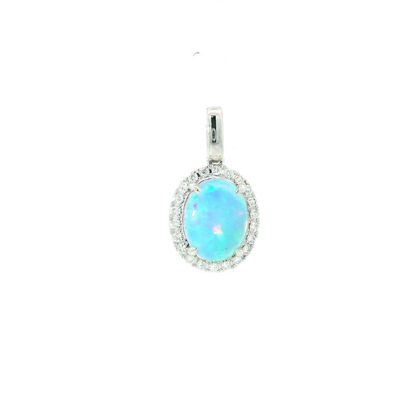 White Gold Pendant with Blue Oval Cabochon Opal and Diamonds GBC-13183