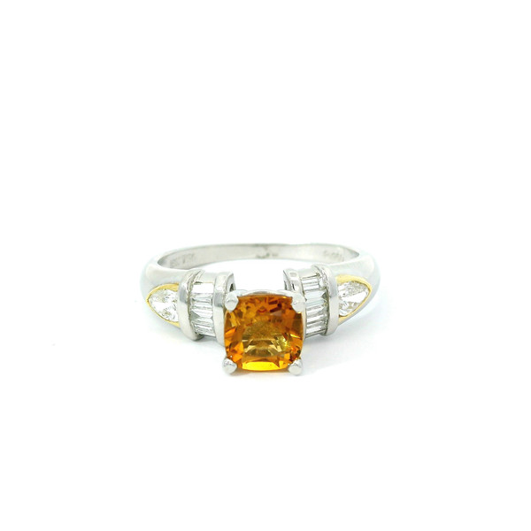 Platinum and 18k Yellow Gold Ring with Cushion-Cut Citrine, Pear and Baguette Cut Diamonds RPG-10317