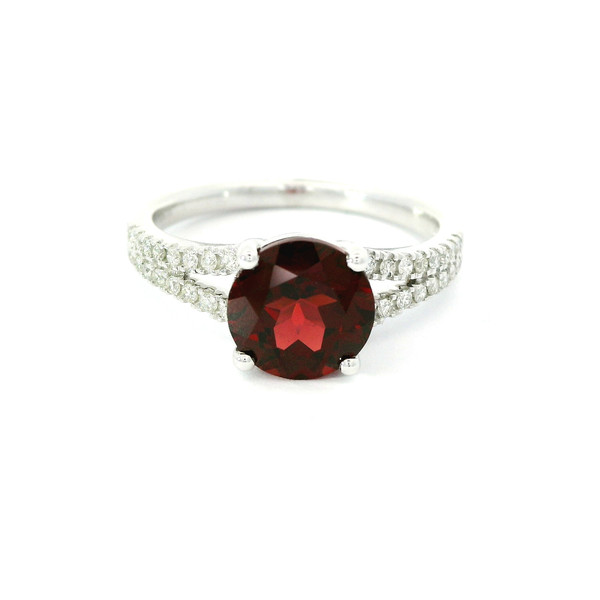 White Gold Diamond Solitaire Ring with Round Red Garnet LJI-10094