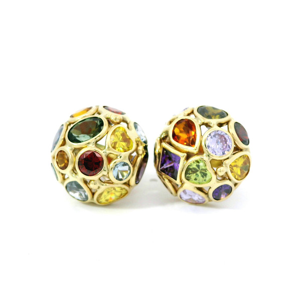 Yellow Gold Stud Earrings with Multicolor Gemstones 235-10229