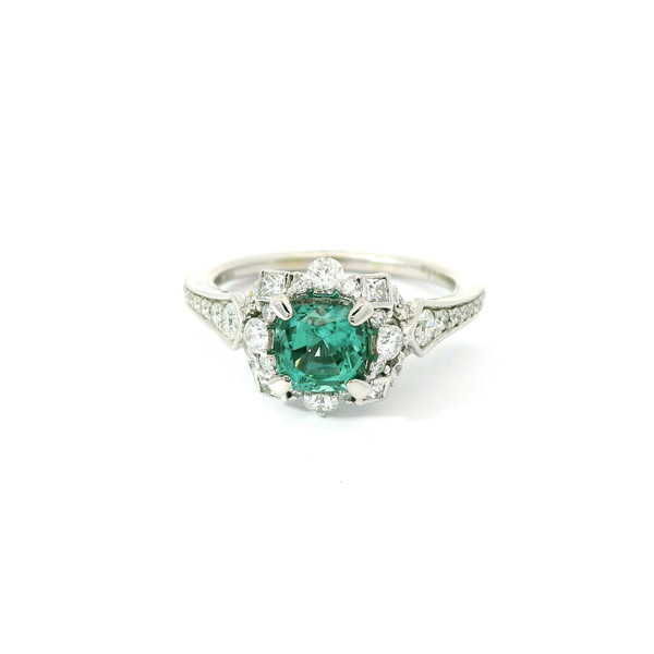 White Gold Diamond Ring with Cushion-Cut Teal Tourmaline AMV-10292