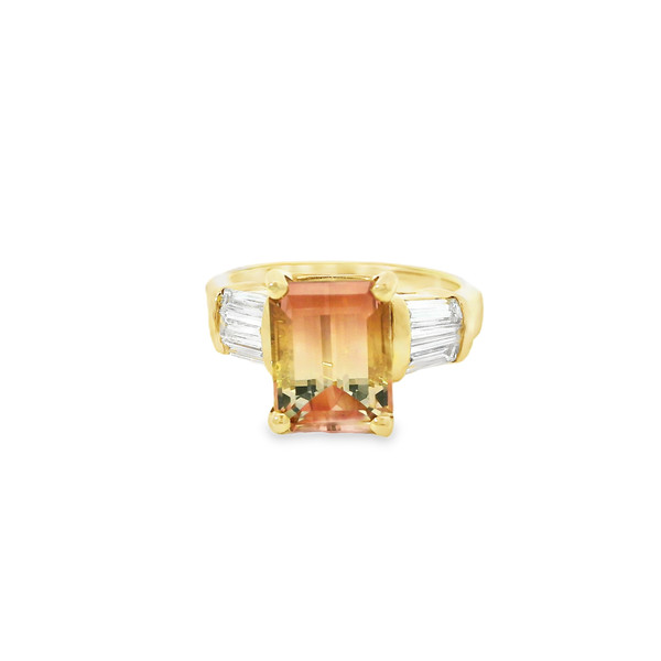Yellow Gold Ring with Emerald-Cut Bio-Colored Orange Tourmaline RPG-10369