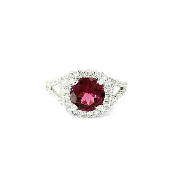 White Gold Diamond Ring with Round-Cut Rhodolite RSM-11414