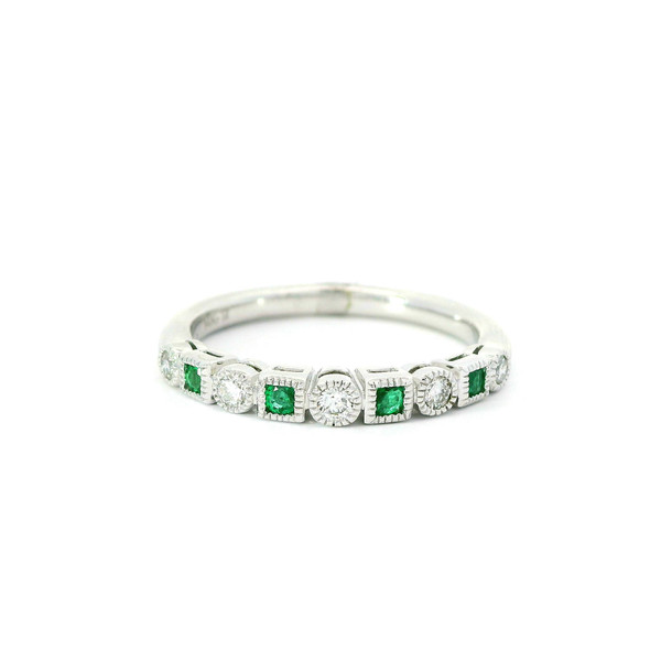 White Gold Diamond and Emerald Alternating Gemstone Ring LJI-10029
