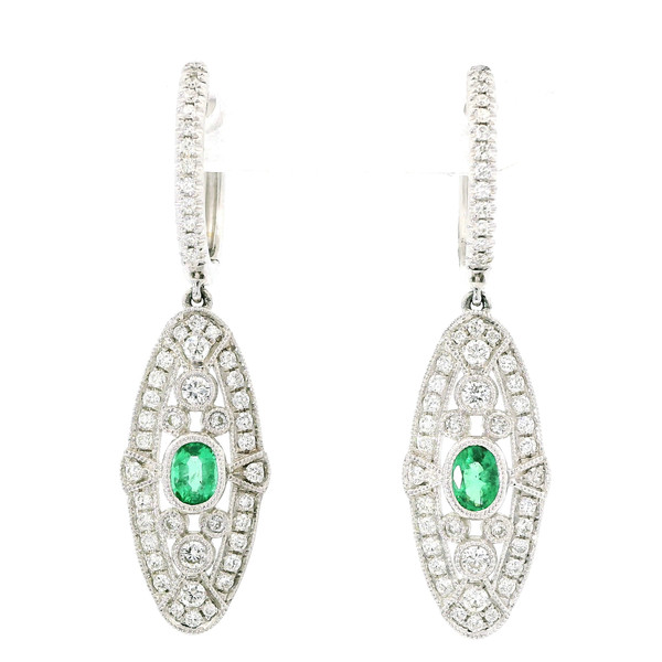 White Gold Drop Earrings with Emerald and Diamond Accents DC-10888