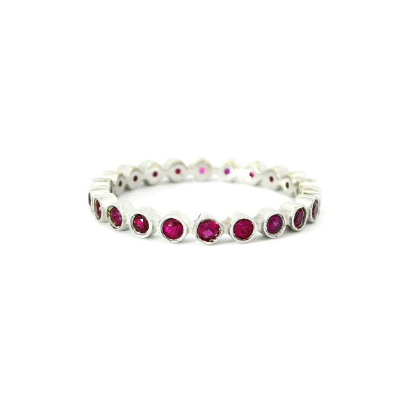 White Gold Eternity Ring with Round Cabochon Red Ruby Gemstones RBS-11441