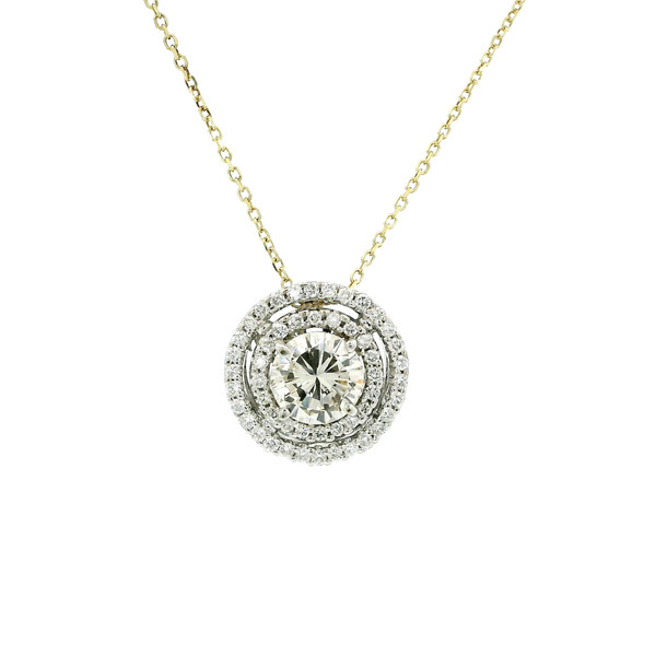 14k White And Yellow Gold Double Diamond Halo Pendant Necklace 560-11455