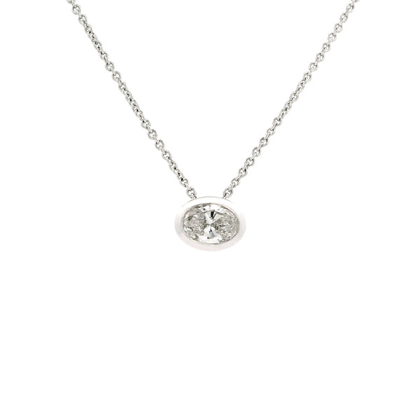 Oval Cut Diamond Bezel Pendant Necklace in 14k White Gold SIM-10490