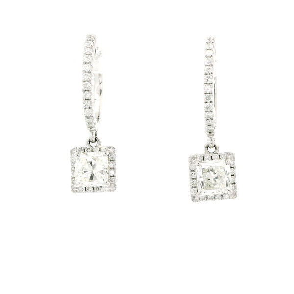 14k White Gold Dangle Halo Earrings with Cushion Cut Diamonds GBC-11812