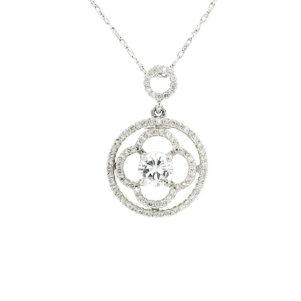 14k White Gold Round Brilliant Diamond Halo Pendant Necklace 560-11654