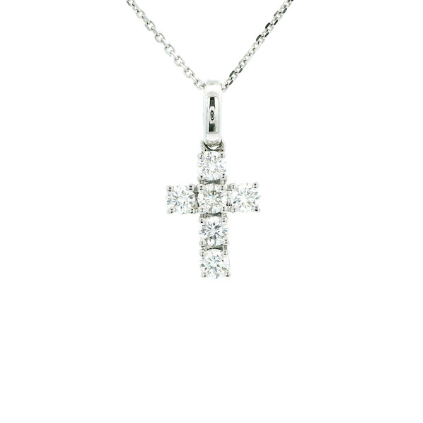 14k White Gold Round Brilliant Cut Diamond Cross Pendant Necklace GBC-12869