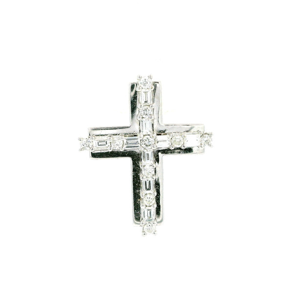 18k White Gold Round and Baguette Diamond Cross Pendant 560-11031
