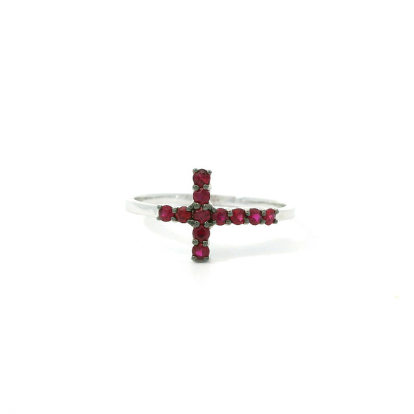 18k White Gold Cross Ring with Round Cut Red Rubies AFA-10025